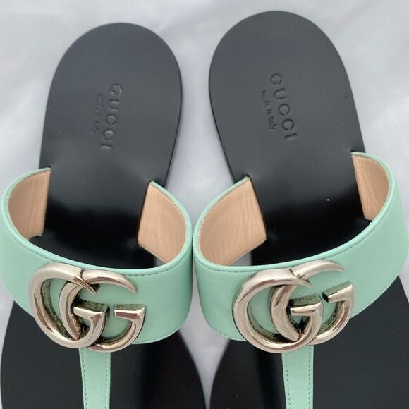 Gucci Marmont GG Thong Leather Water Green EU 37.5 US 7.5 Flip Flop Flat Sandals - Picture 9 of 16